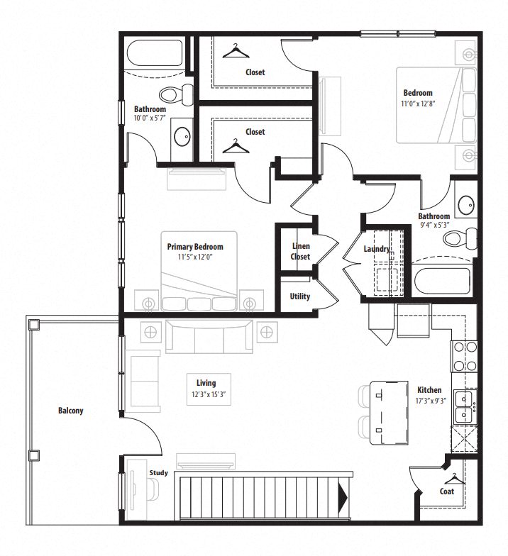 Floor plan for 2 beds, 2 baths, 1152 sqft